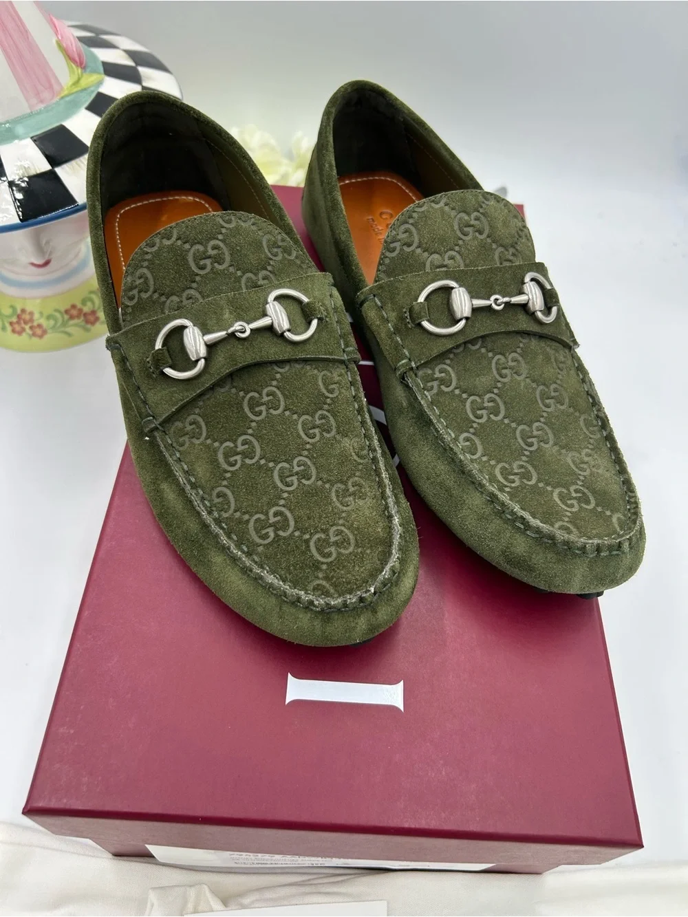 Men's Gucci GG embossed suede driver loafers size 9 fits 9.5 US made in Italy